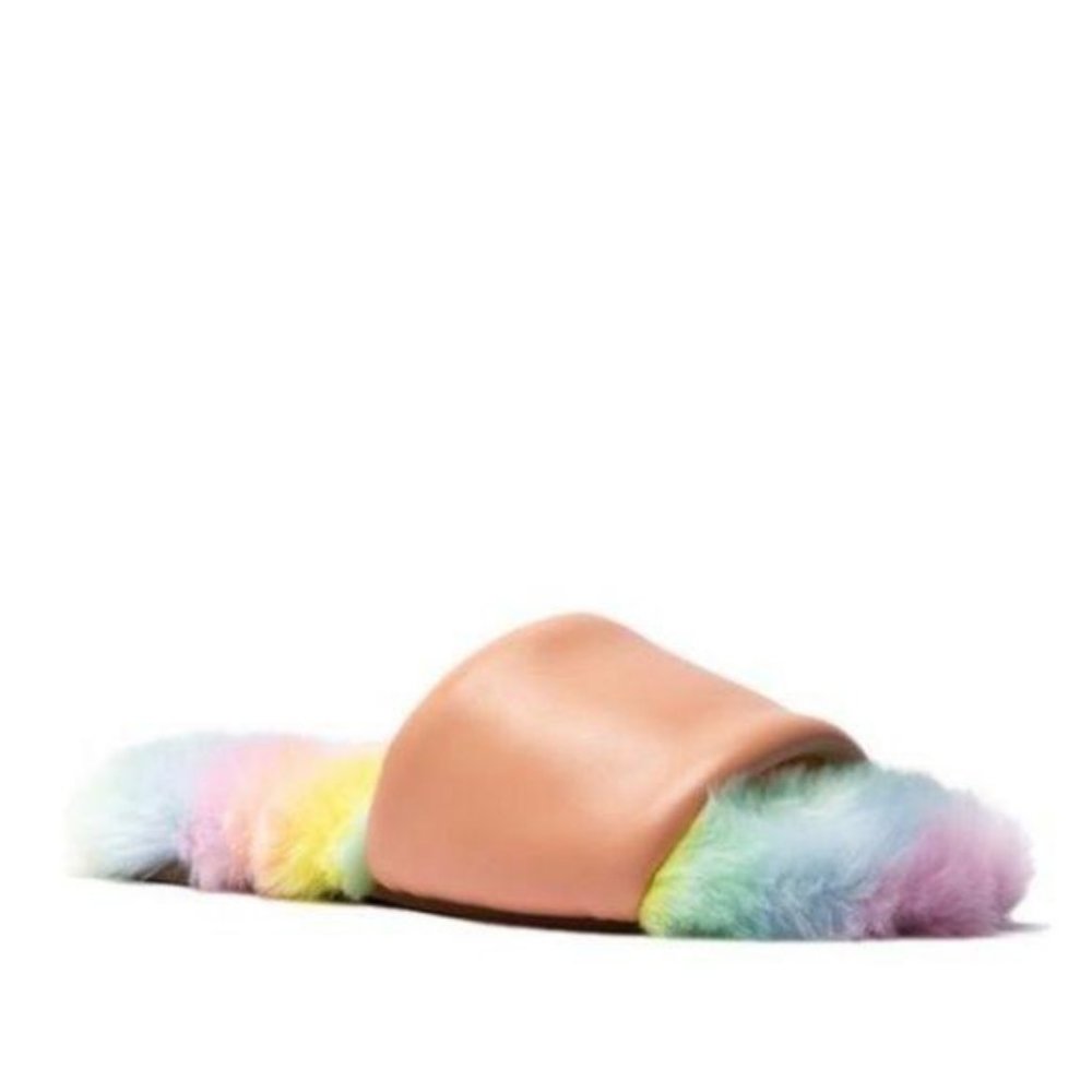 !! NEW !! Faux Fur & Vegan Leather Slides in Rainbow
